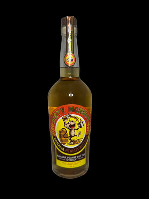 Bottle of Dirty Monkey Banana Peanut Butter Whiskey on a white background