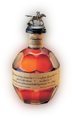 Bottle of Blanton's Single Barrel Whiskey with decorative cap on a white background